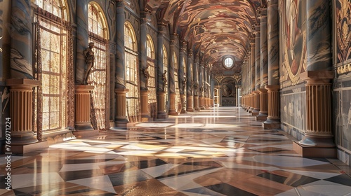 A grand hall with towering pillars and vaulted ceilings, lined with faded tapestries depicting scenes of battles long past.