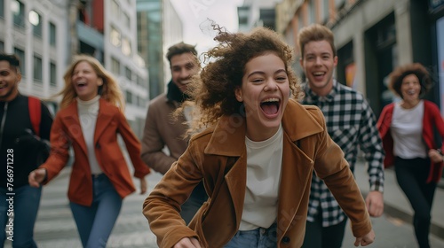 A group of young business people running in the street, laughing and having fun while celebrating success. They all have happy faces with wide open mouth. generative AI
