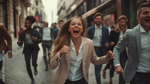 A group of young business people running in the street, laughing and having fun while celebrating success. They all have happy faces with wide open mouth. generative AI