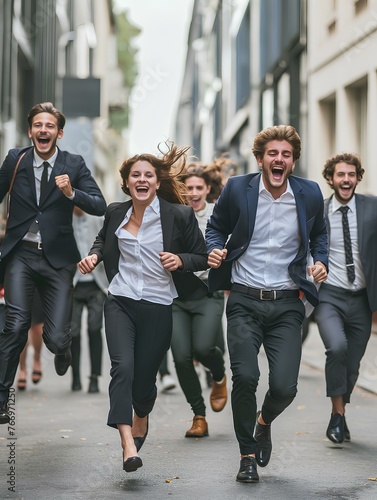 A group of young business people running in the street, laughing and having fun while celebrating success. They all have happy faces with wide open mouth. generative AI