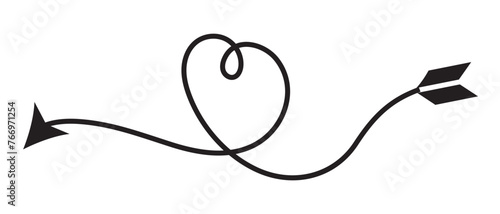 Love heart icon with arrow line, Continuous one line drawing hearts symbol. Vector illustration isolated on white background.