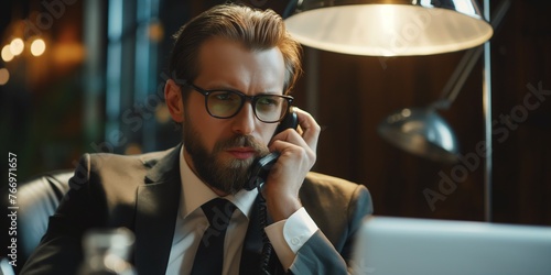 A businessman who is serious and has a busy day is on the phone.