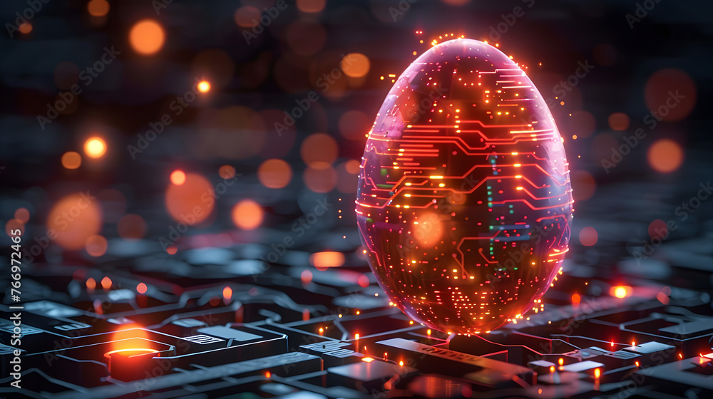 Glowing digital modern illustration of an abstract 3D egg with circuit board texture. Greeting card in tech futuristic style. - obrazy, fototapety, plakaty 