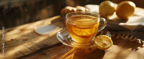  A glass cup of ginger tea with lemon slices on a wooden table, closeup view. A portrait of a healthy drink for treatment with copy space. 
