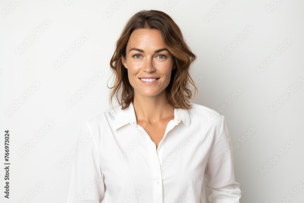 Portrait of smiling businesswoman in white shirt. Isolated on white background. Portrait of smiling businesswoman in white shirt. Isolated on white background.