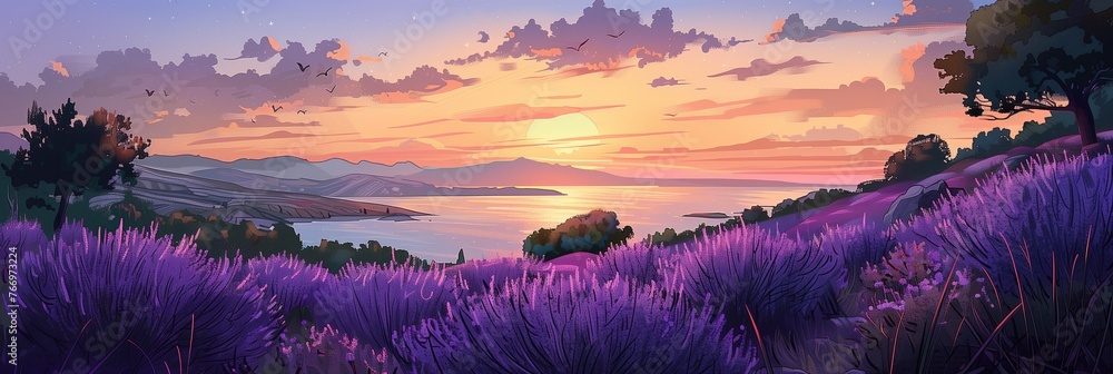 Stylized Lavender Fields on Hvar Island with Majestic Sunset and Serene Seascapes - obrazy, fototapety, plakaty 