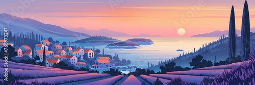 Stylized Lavender Fields on Hvar Island with Majestic Sunset and Serene Seascapes