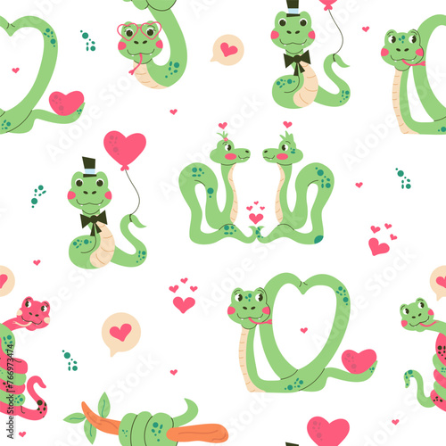Seamless pattern character Valentines day snake hand drawn