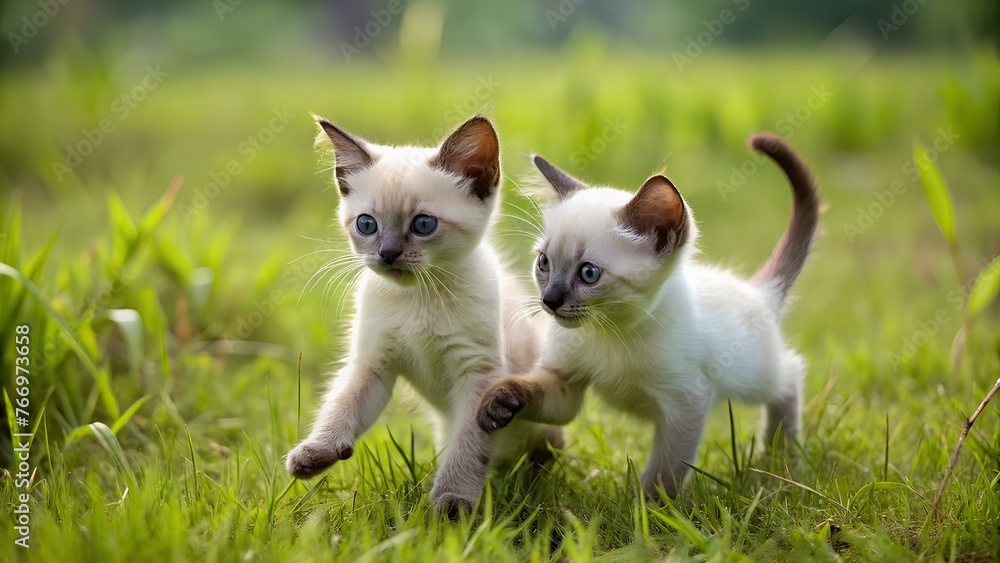 Siamese kittens playing in the field