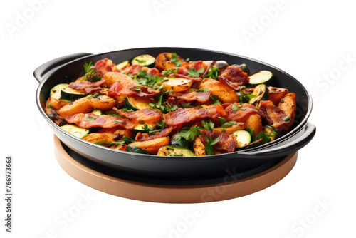 Pan Filled With Various Foods on Table. On a Clear PNG or White Background.