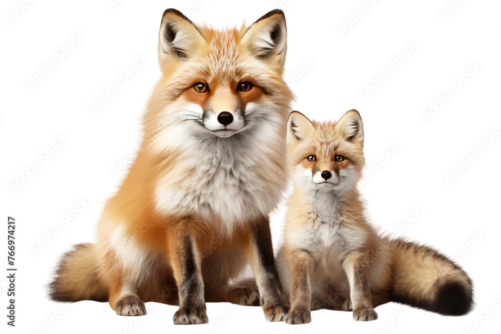 Two Foxes Sitting Next to Each Other. On a Clear PNG or White Background. Two Foxes Sitting Next to Each Other. On a Clear PNG or White Background.