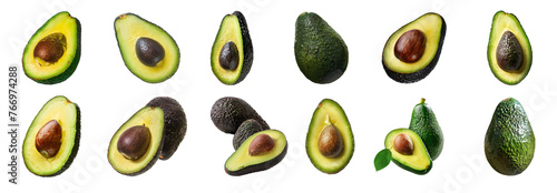 Fresh avocado halves and whole, cut out transparent
