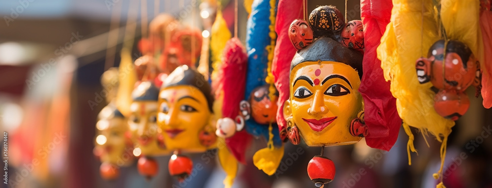 wide background banner of Colorful human face mask dummies hanging on streets in Hindu cultural event Dussehra festival wide background banner of Colorful human face mask dummies hanging on streets in Hindu cultural event Dussehra festival