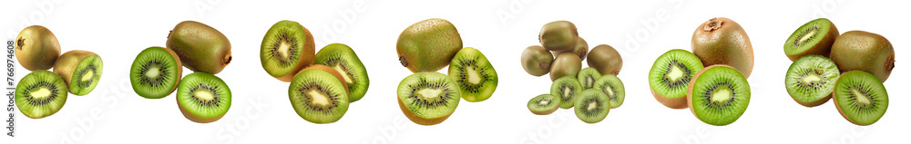 Fresh kiwi fruit and slices on transparent background Fresh kiwi fruit and slices on transparent background