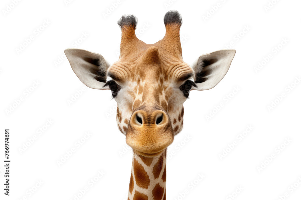 Close Up of a Giraffes Head on White Background. On a Clear PNG or White Background.