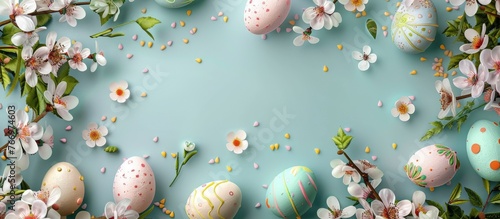 Joyful Easter. Festive Easter backdrop with decorated eggs and blooming flowers.