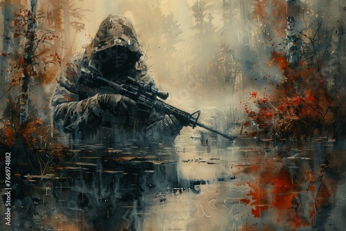 Hunting man creeping in swamp during hunting season photo