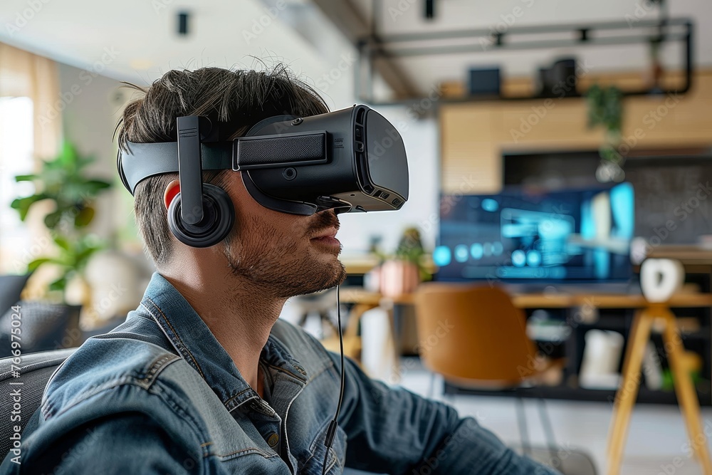 Engineer wearing VR headset for interior inspiration, immersive decor simulations. Engineer wearing VR headset for interior inspiration, immersive decor simulations.