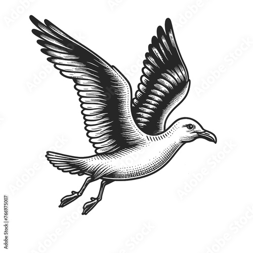 seagull bird graceful flight detailed wing feathers sketch engraving generative ai fictional character raster illustration. Scratch board imitation. Black and white image. T-shirt apparel design