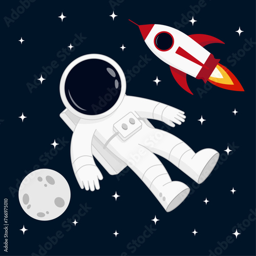 Cosmonaut in space with moon and stars satellite and flying rocket. Vector illustration