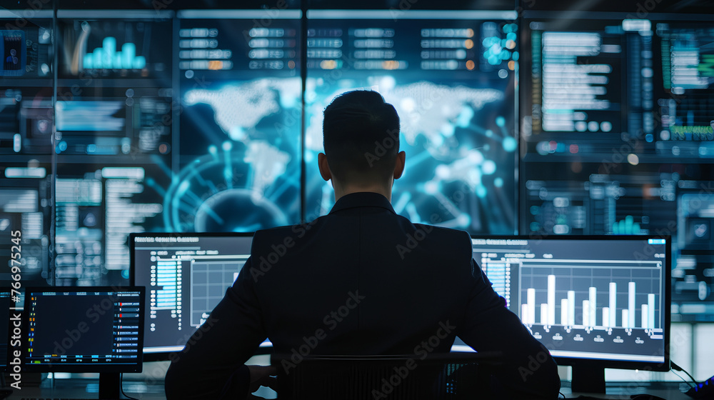 Fototapeta premium a man working in front of a large computer analysing data, a concept of future technology, blur effect backgraund