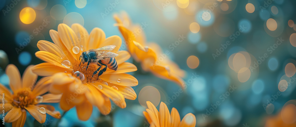 Honey bee collecting nectar from a yellow flower, spring background with copy space - obrazy, fototapety, plakaty 