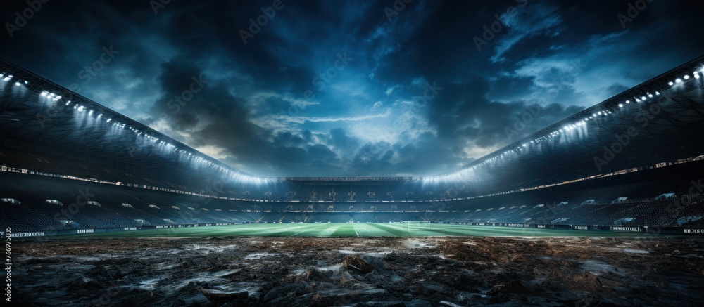 Football field illuminated by stadium lights - obrazy, fototapety, plakaty 