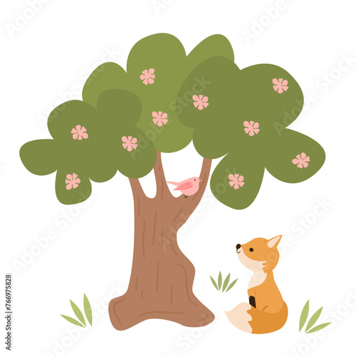 cute hand drawn cartoon character fox and pink bird on tree funny vector illustration isolated on white background