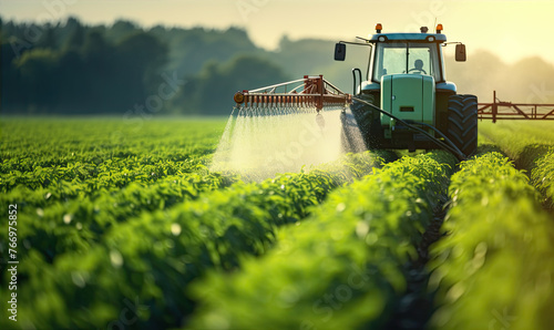 The tractor sprays the crops in the amzing field