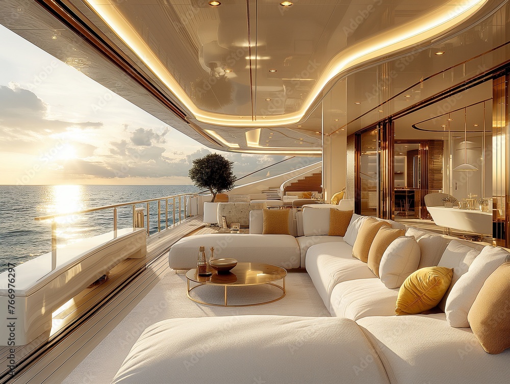 Fototapeta premium interior of a very luxury yacht full of glass and gold with a beautiful view