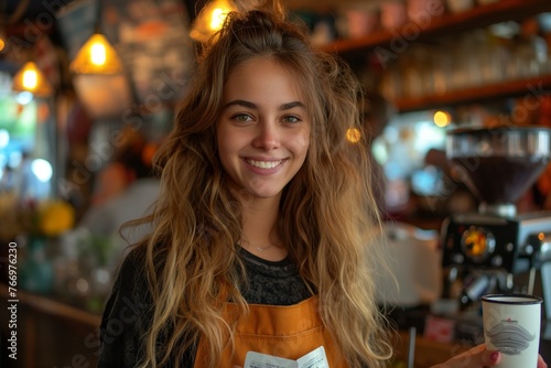 Wallpaper Mural Portrait of a happy female barista standing behind the counter in a coffee shop, woman in an apron looks at the camera Torontodigital.ca