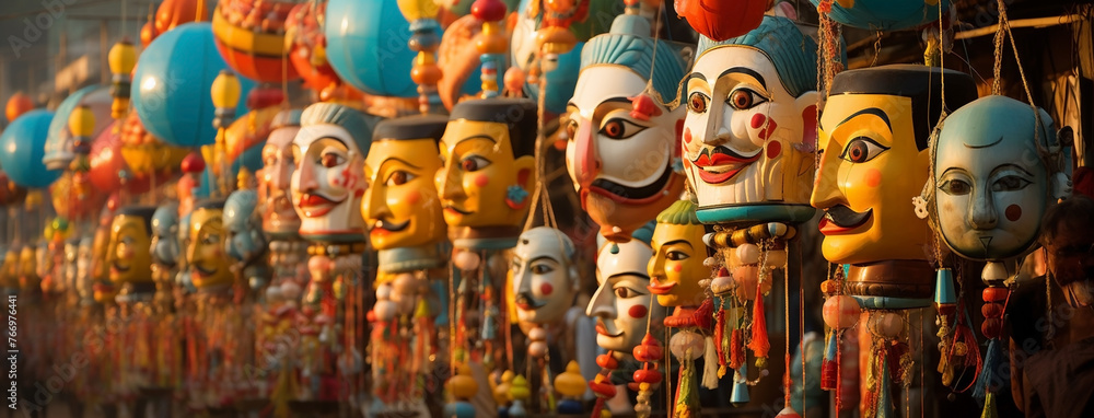 wide background banner of Colorful human face mask dummies hanging on streets in Hindu cultural event Dussehra festival wide background banner of Colorful human face mask dummies hanging on streets in Hindu cultural event Dussehra festival