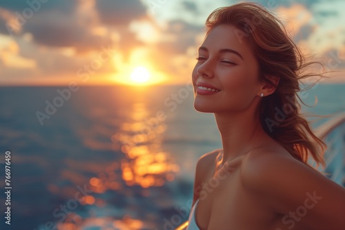 Cruise ship vacation, travel woman having fun feeling free enjoying luxury, elegant lady, carefree on deck © mirifadapt