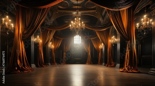 Theater stage with black gold velvet curtai