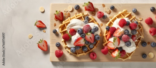 Delicious Belgian Waffles with berry, fruit, whipped cream and different sweet topping on white marble