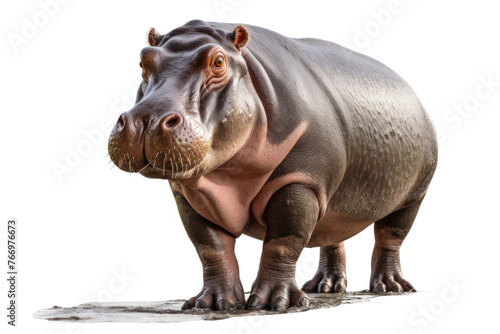 Hippopotamus Standing in Front of White Background. On a Clear PNG or White Background.