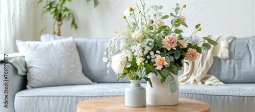 Flowers are placed on a wooden table with a grey couch in a white living room interior, creating a Real photo with copy space.