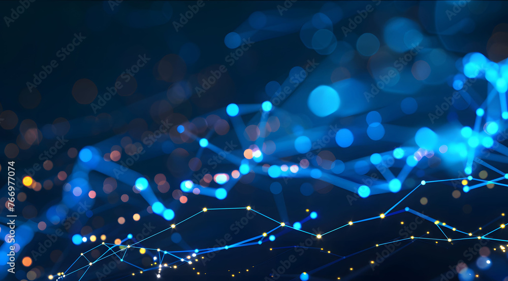 Fototapeta premium Abstract geometric network on dark blue background, illustrating the concept of network line connections and data connections. Blue lines connected with dots illustrate the network structure.