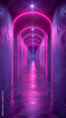 a photorealistic hyperrealistic image of a purple minimalistic hallway that never ends. AI generative