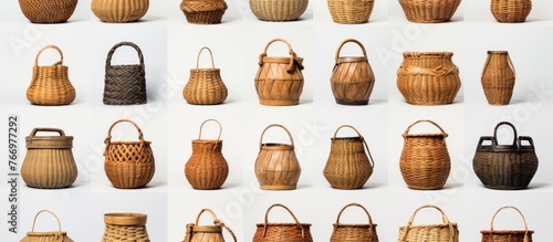 Collage of stylish rattan baskets on white backgroun