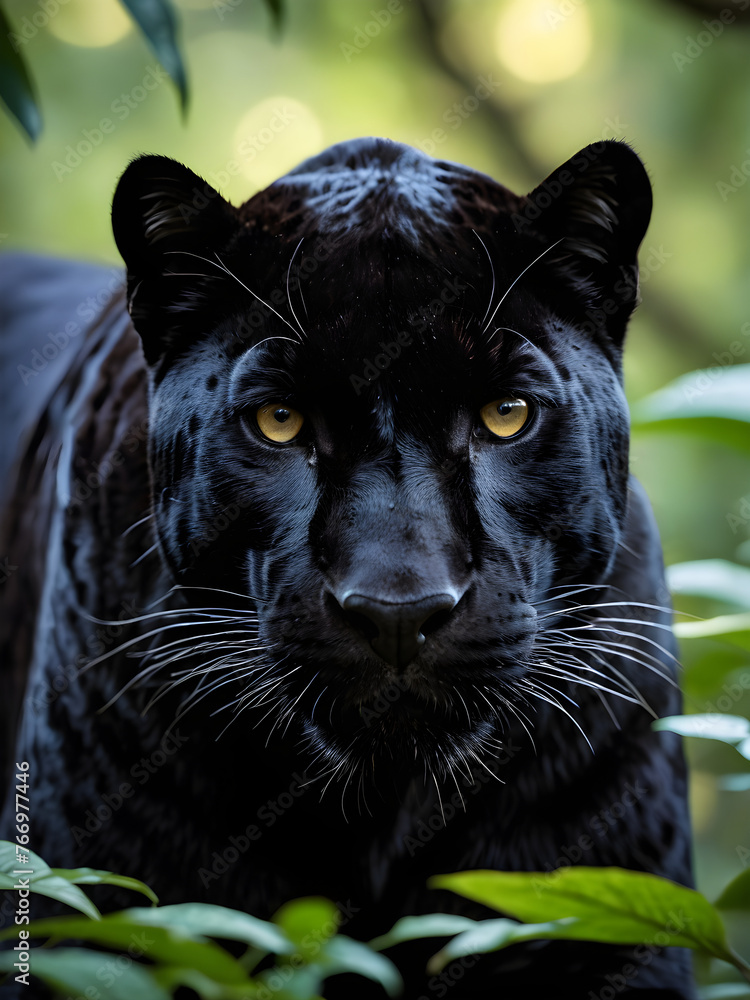 A black panther in the jungle. Jungle background. the smooth black jaguar