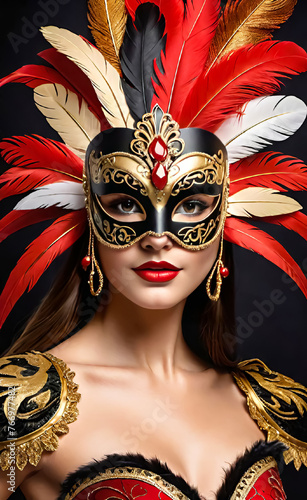 beautiful woman in a masquerade mask with feathers. black, gold, red. Holiday concept. ball, masquerade. Illustration for design