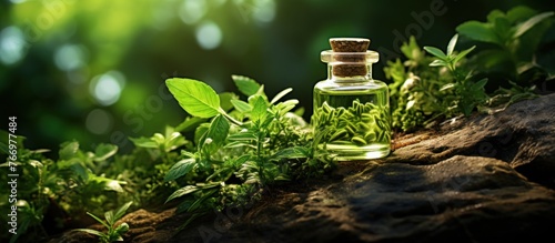 Bottle of essential oil with herbs photo