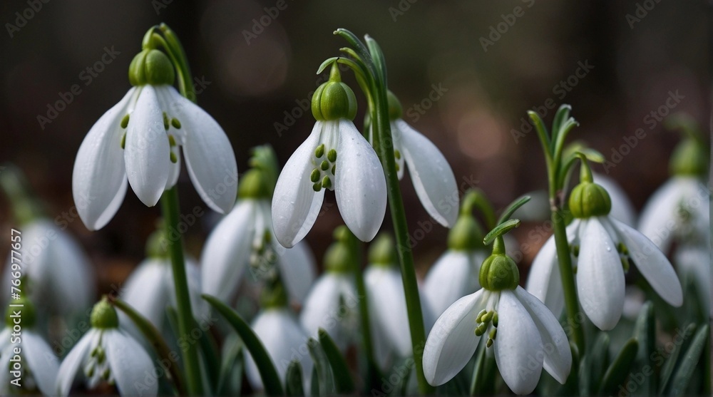 Flowering snowdrops are punched out of the snow. Symbol of nature waking up Flowering snowdrops are punched out of the snow. Symbol of nature waking up