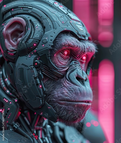 a high resolution photo of a real electronic hybrid, gorilla face, human body, in the style of detailed science fiction illustrations, cyberpunk