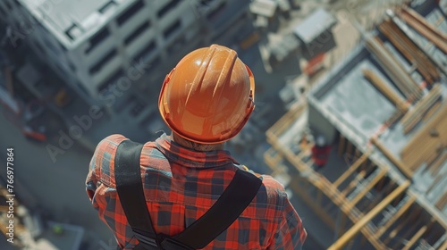 construction site, safety worker with yellow safety helmet, concept: occupational health and safety, copy and text space, 16:9