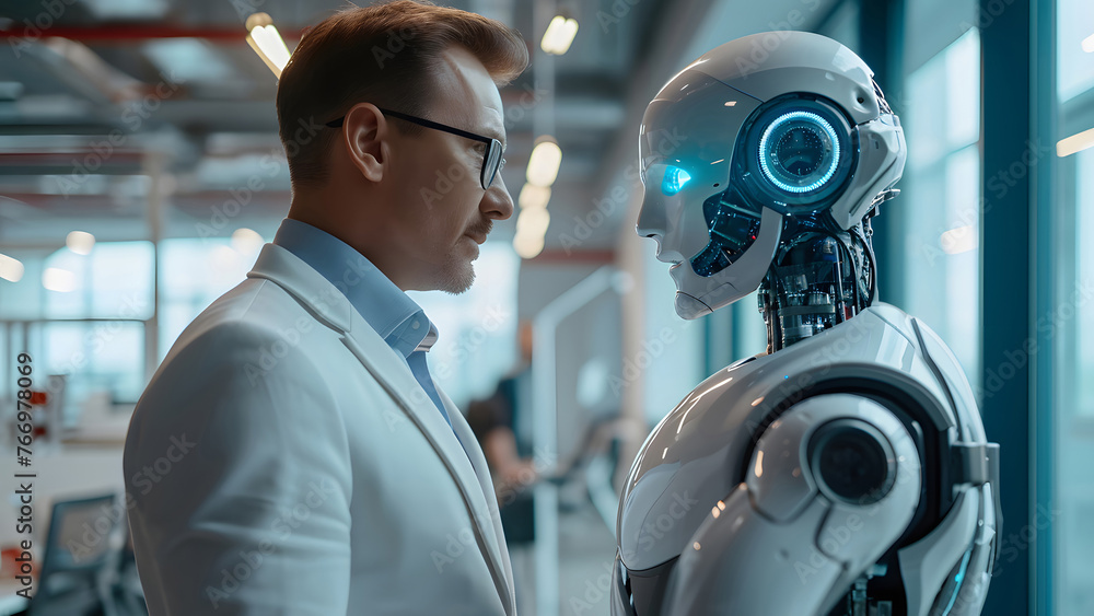 Fototapeta premium Close Interaction Between Man and Advanced AI Robot