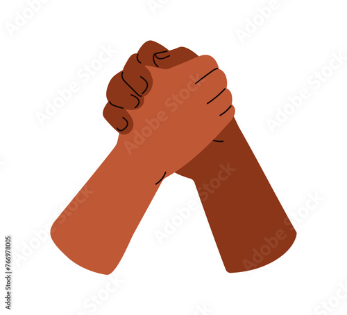 Hands clasp, grip. Buddies greeting. Informal hi gesture, friends, bros. Grabbing arms together. Respect, friendship, communication concept. Flat vector illustration isolated on white background