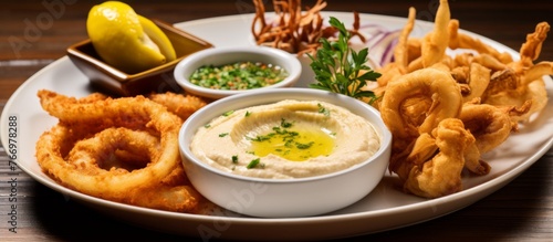 A plate of deepfried squid rings served with creamy mashed potatoes and a flavorful dip, placed on a wooden table