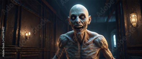 Terrifying entity with emaciated face and body, menacingly looking at the camera in a dark hallway. Horror advertisements, escape rooms, Halloween.